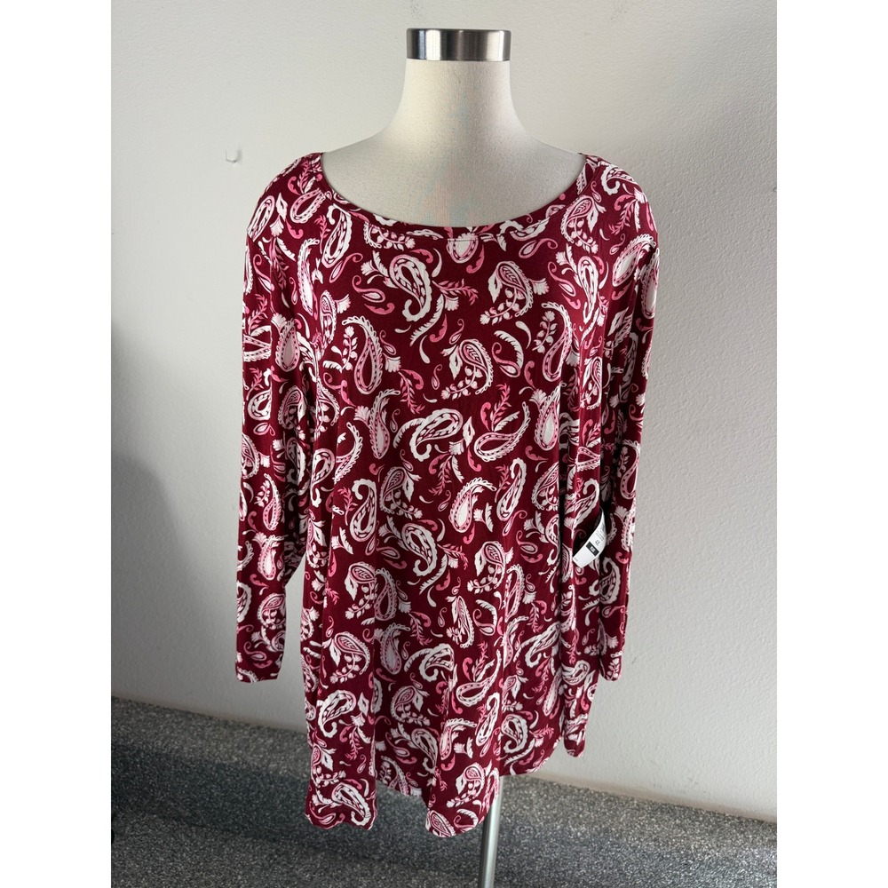 NEW JM Collection Womens Plus 4X Antique Red Paisley Long Sleeve Tunic Top Shirt